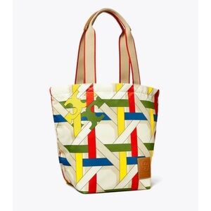 Tory Burch Ella French Cream Basketweave XL Printed Nylon Market Tote NWT